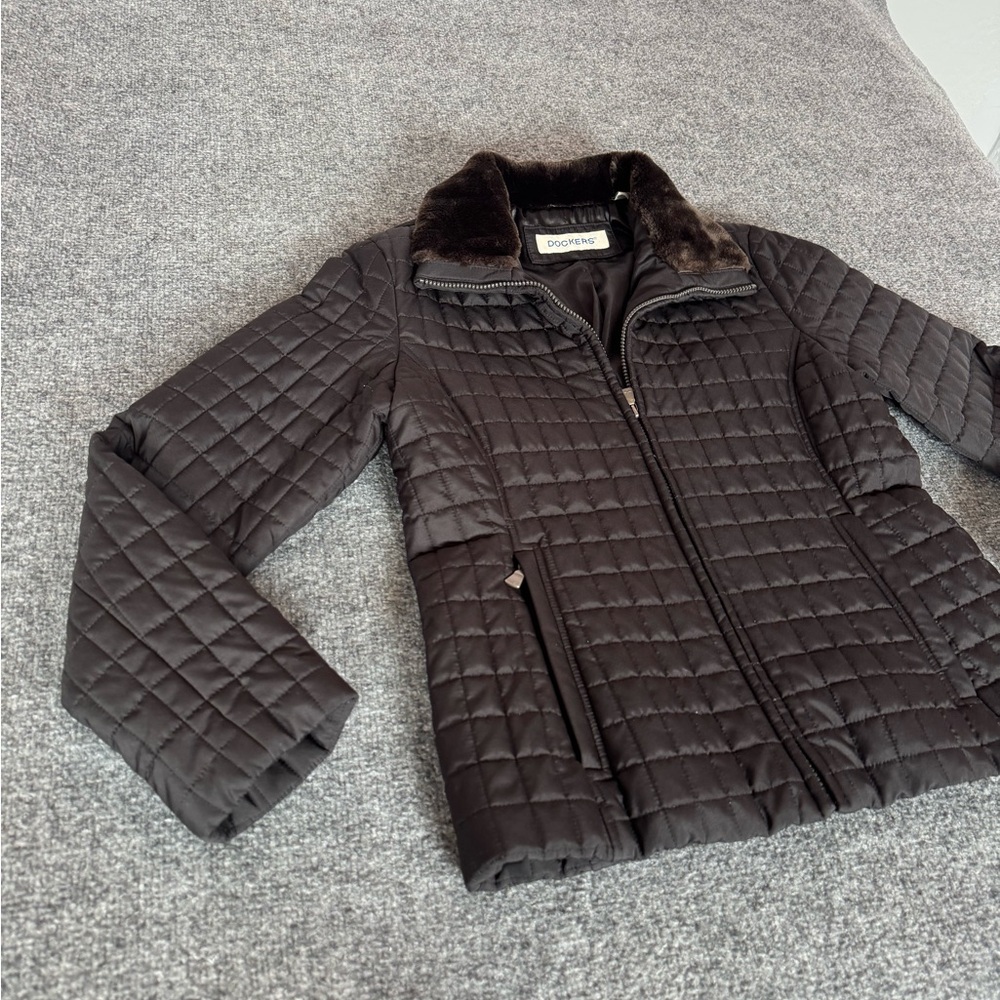 Vintage Dockers Women's Puffy Quilted Jacket Black Fur Neck size M - Picture 3 of 14